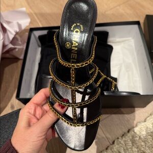 Chanel, never worn gold chain heel sandal